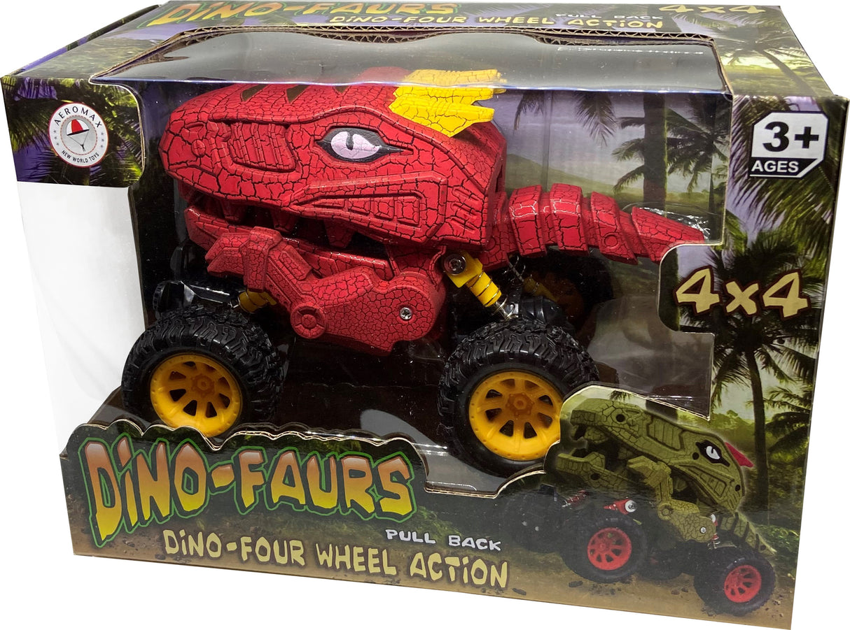 Pull Back 4 Wheel Dinosaur Truck in Window Gift Box, Red