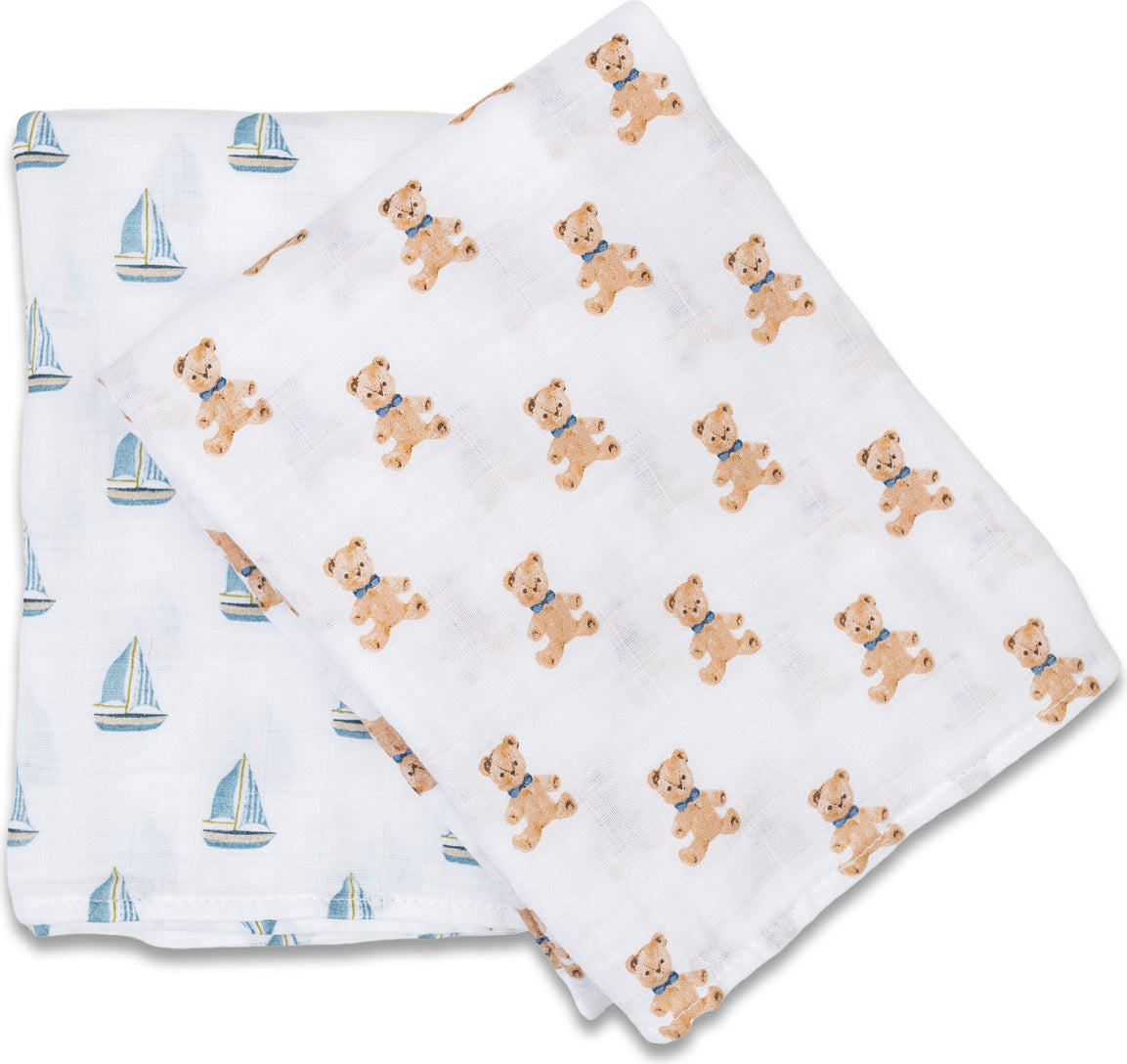Lulujo Cotton Swaddles - Vintage Teddy Bears & Sailboats - 40x40"