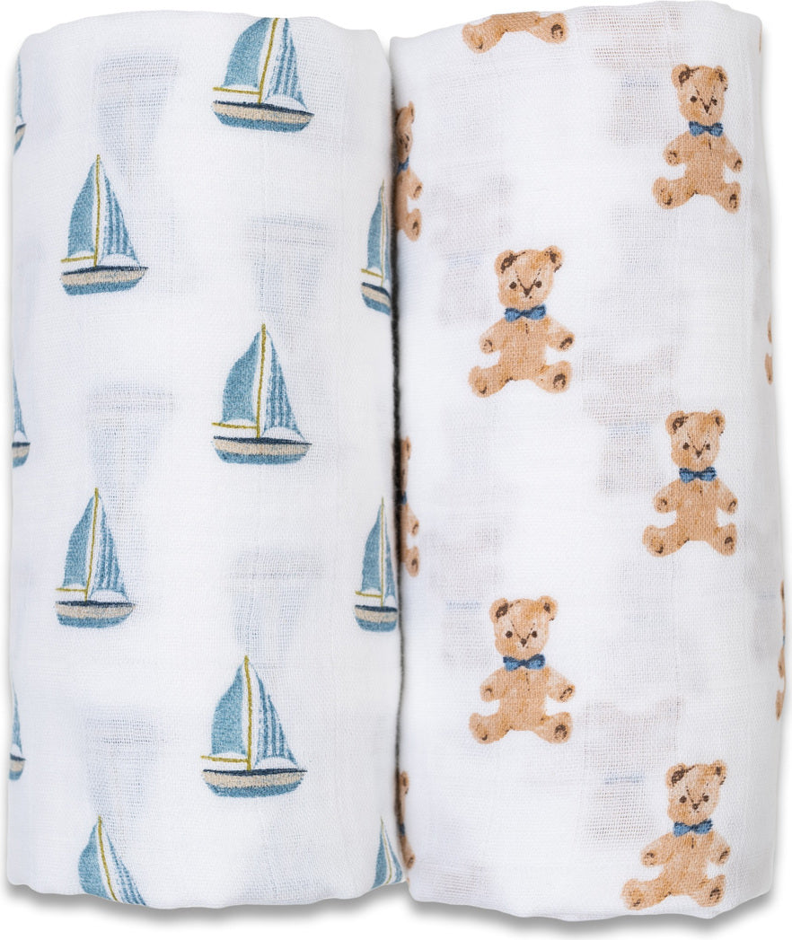 Lulujo Cotton Swaddles - Vintage Teddy Bears & Sailboats - 40x40"