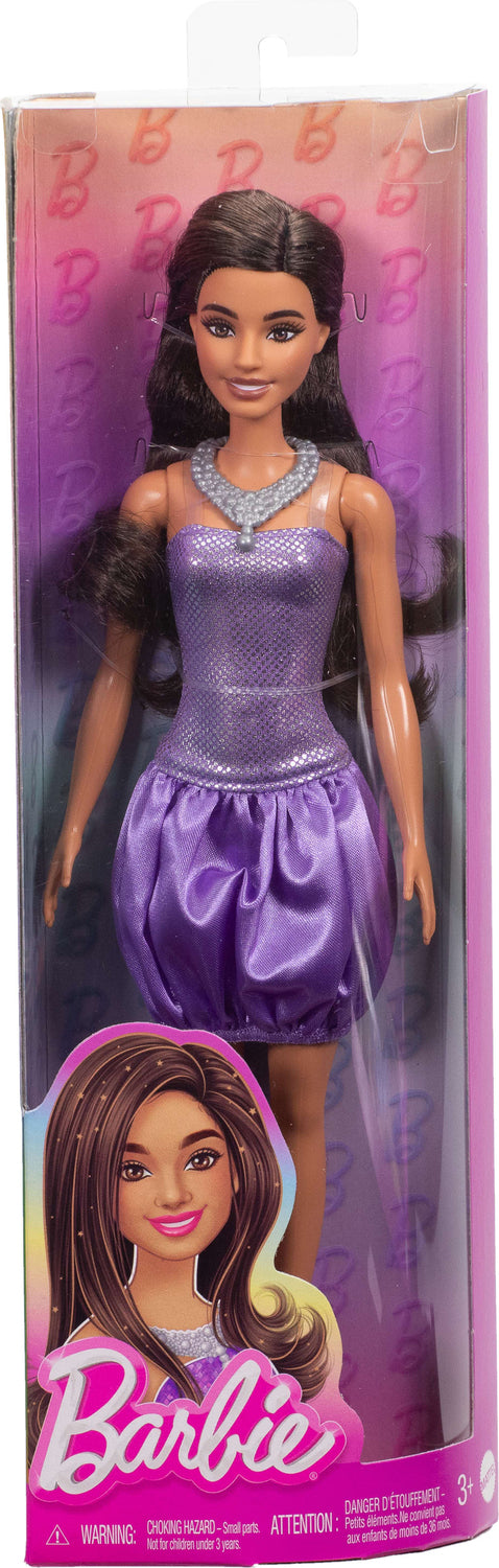 Barbie Fashionistas Doll #234 in Sequined Purple Dress and Silvery Accessories, Brown Hair
