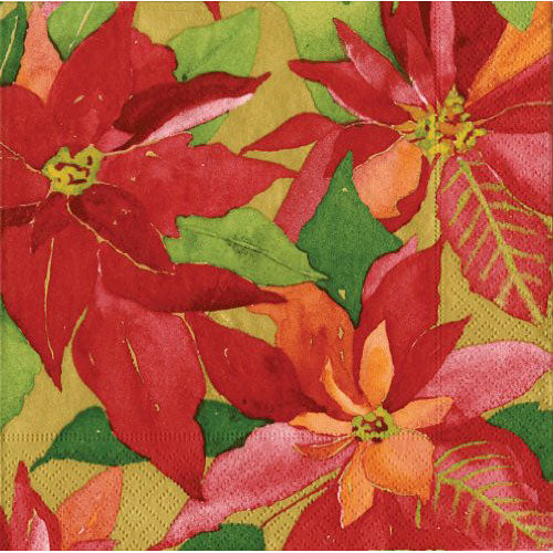 Entertaining with Caspari Poinsettia Painting Paper Cocktail Napkins, Gold, Pack of 20