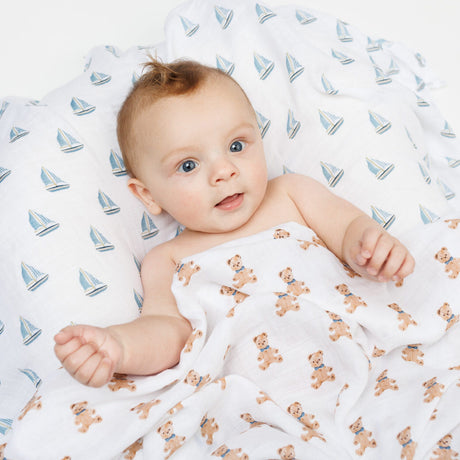 Lulujo Cotton Swaddles - Vintage Teddy Bears & Sailboats - 40x40"