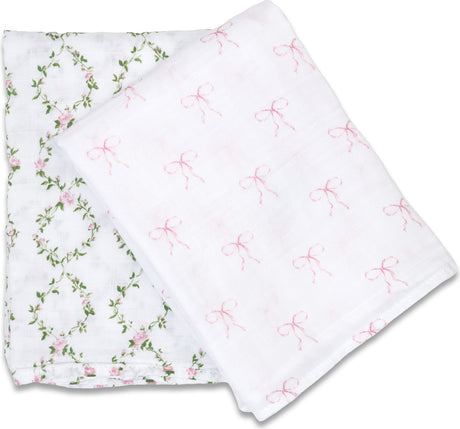 Lulujo Cotton Swaddles - Bows & Rose Trellis - 40x40"