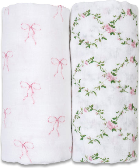 Lulujo Cotton Swaddles - Bows & Rose Trellis - 40x40"