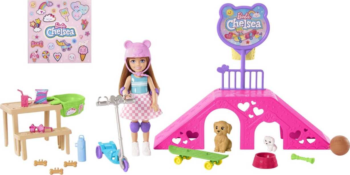 Barbie Chelsea Doll and Accessories, Skatepark Playset with 2