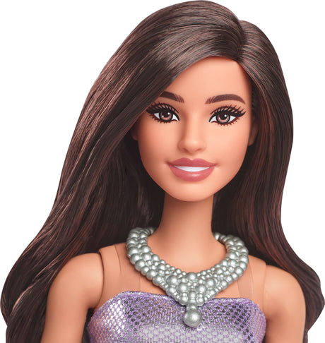 Barbie Fashionistas Doll #234 in Sequined Purple Dress and Silvery Accessories, Brown Hair