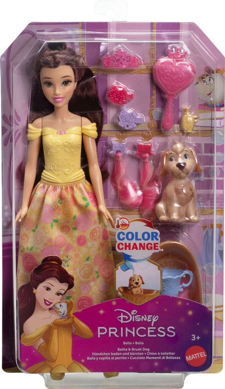 Disney Princess Bathe & Brush Belle Fashion Doll & Dog Figure with Color Change & Accessories