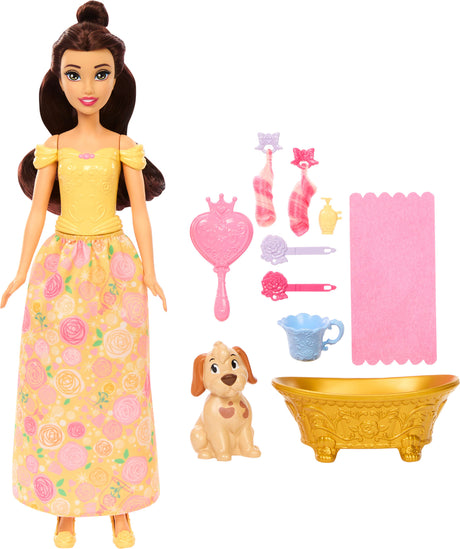 Disney Princess Bathe & Brush Belle Fashion Doll & Dog Figure with Color Change & Accessories
