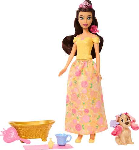 Disney Princess Bathe & Brush Belle Fashion Doll & Dog Figure with Color Change & Accessories