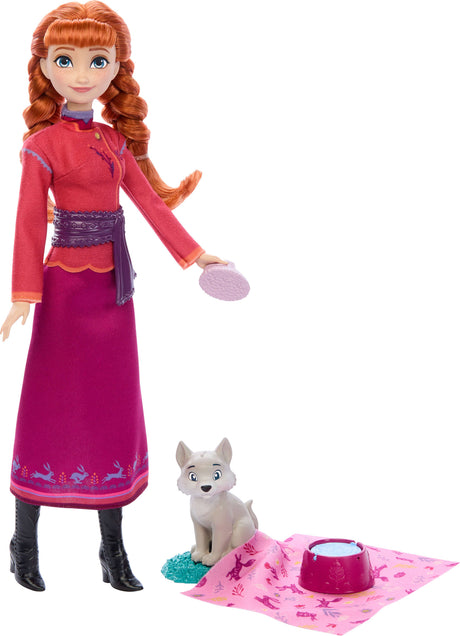 Disney Frozen Anna Fashion Doll & Wolf Cub Figure with 4 Nurturing Accessories Inspired by Movie