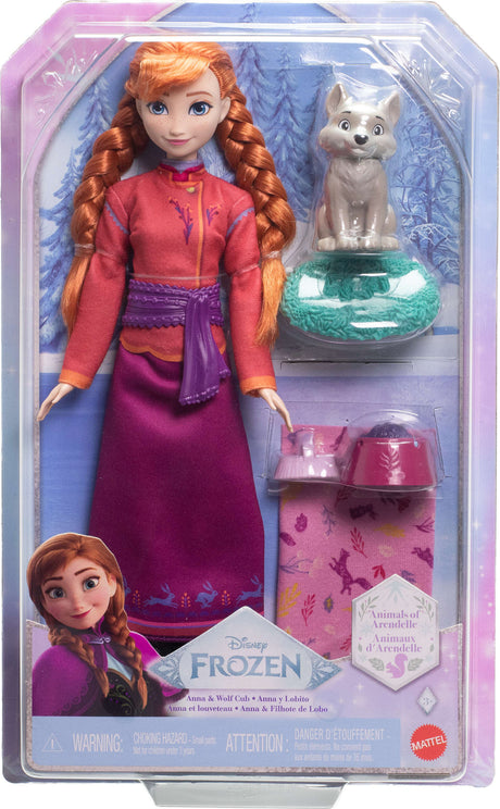 Disney Frozen Anna Fashion Doll & Wolf Cub Figure with 4 Nurturing Accessories Inspired by Movie
