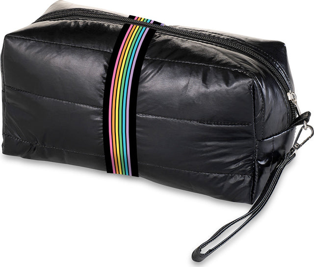 Black Puffer Cosmetic Bag Rainbow Track Straps