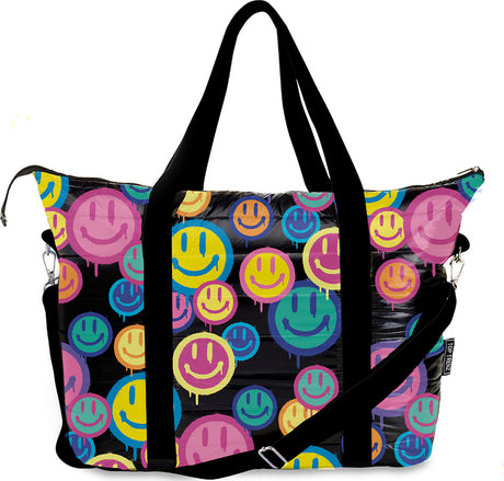 Black Puffer Spray Happy Print Tote Bag